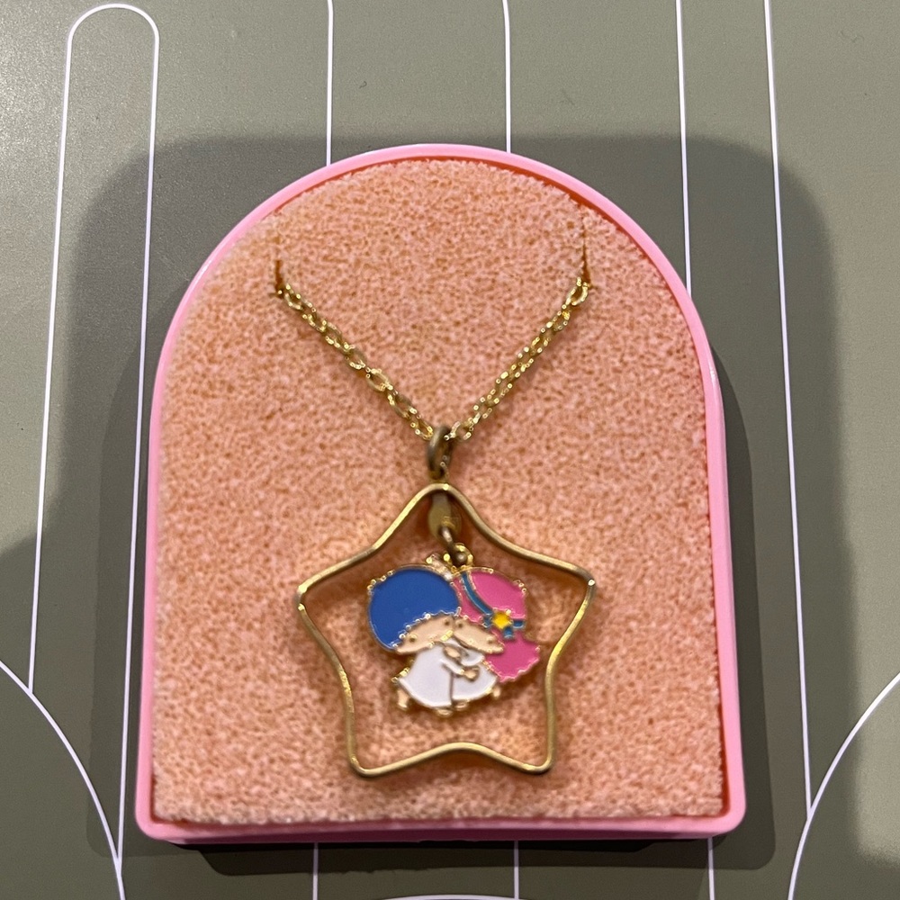 Vintage LITTLE TWIN STARS Sanrio Japan Rare Necklace Pendant Kiki Lala Gold 1976